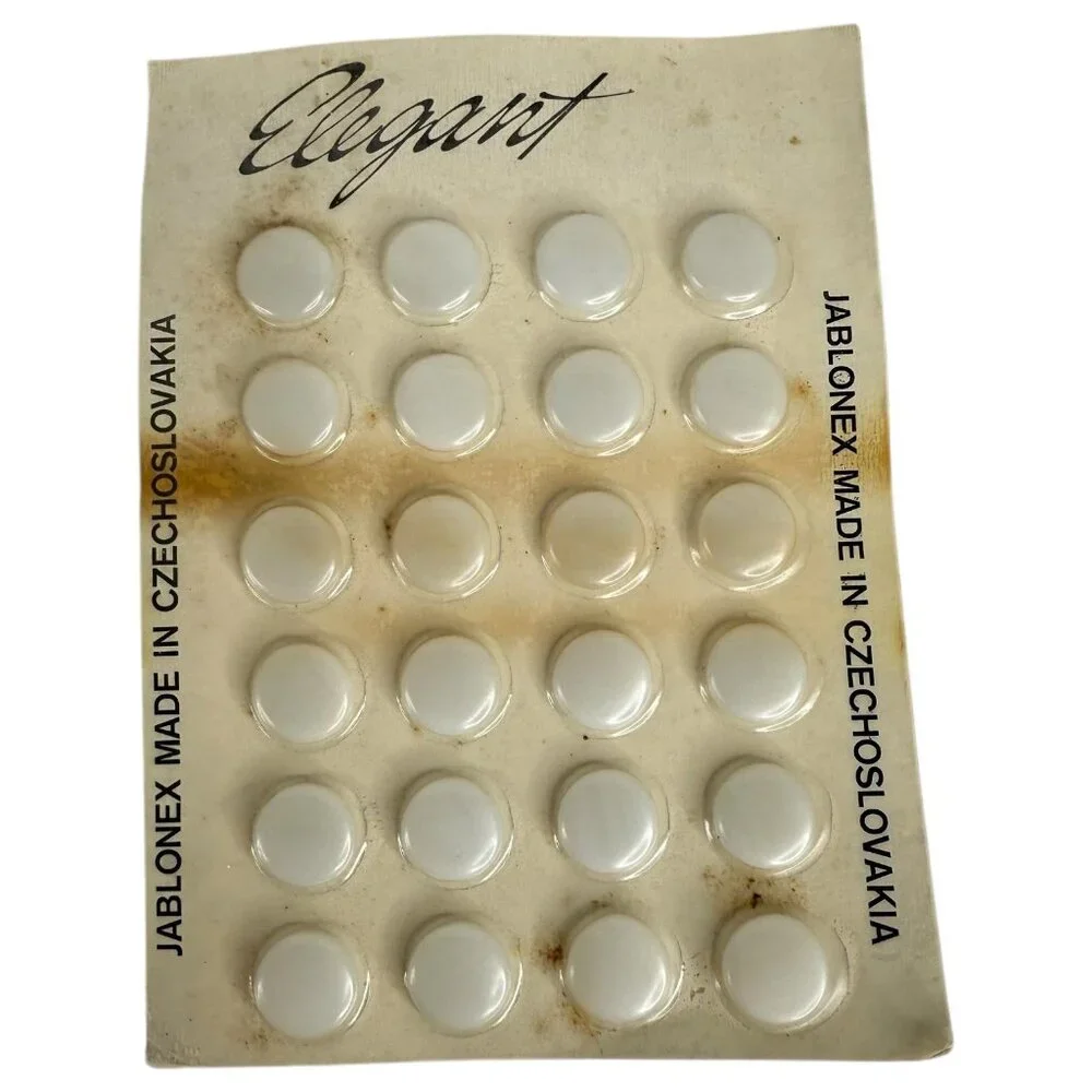 Vintage‎ 48 Jablonex White Glass Buttons On Original Card Made In Czechoslovakia